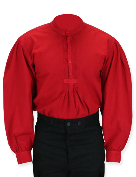  Victorian Old West Edwardian Mens Shirts Red Cotton Solid Work Pioneer |Antique Vintage Fashioned Wedding Theatrical Reenacting Costume |