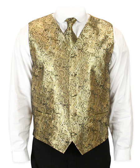  Victorian Old West Mens Vests Gold Satin Microfiber Synthetic Paisley Dress Tie Included |Antique Vintage Fashioned Wedding Theatrical Reenacting Costume | NYE