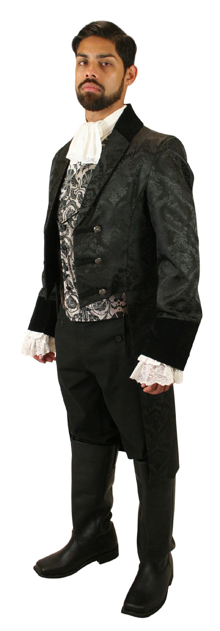  Victorian Regency Steampunk Mens Coats Black Satin Synthetic Floral Tail |Antique Vintage Old Fashioned Wedding Theatrical Reenacting Costume | Gifts for Him
